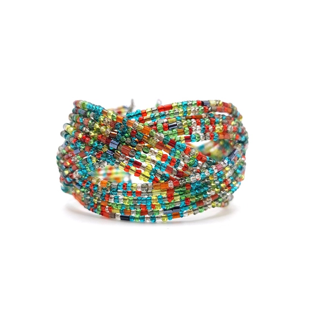 Boho Memory Wire Bracelet Colorful Glass Seed Bead Cuff